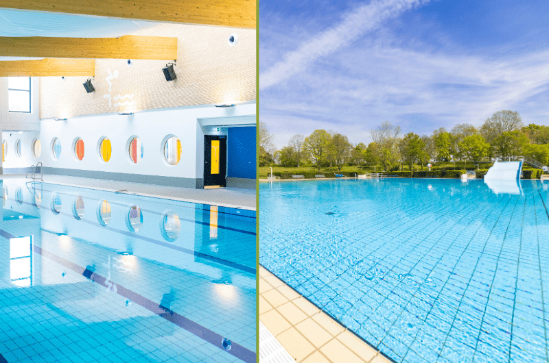 Bild zweigeteilt: links Hallenbad, rechts Freibad