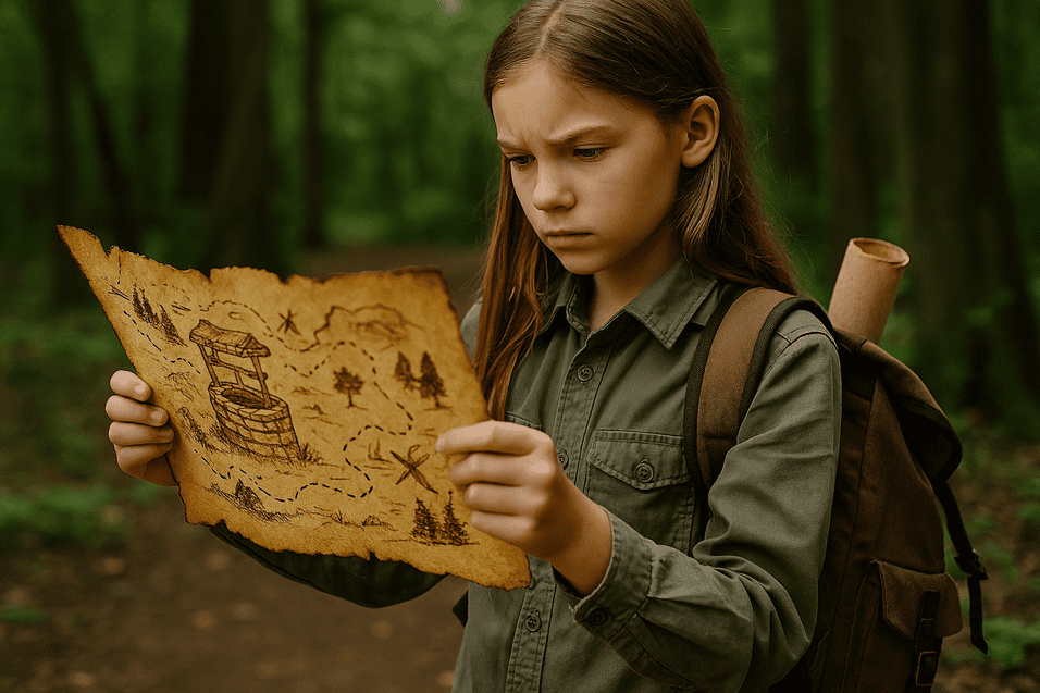 M&auml;dchen erkundet Schatzkarte im Wald