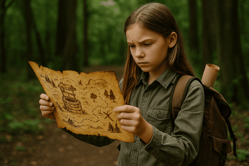 M&auml;dchen erkundet Schatzkarte im Wald